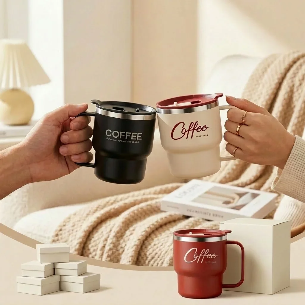 Double Wall Insulated Coffee Cup 304 Stainless Steel Tea Milk Coffee Cup With Handle 400ML Portable Sealed Thermal Drinking Cup