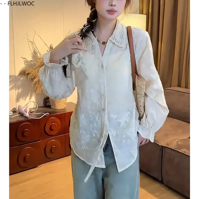 Mori Meisjes Zuid-Korea Leuke Zoete Borduren Tops Vrouwen FLHJLWOC Preppy Stijl Datum Meisjes Vintage Kant Transparante Shirts Blouses