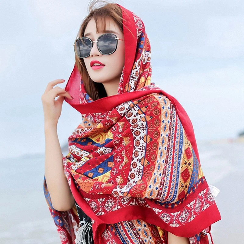 1PC Women Shawl Travel Ethnic Style Polyester Sun Protection Beach Cape Desert Sun Protection Cape Sun Protection Scarf Silk