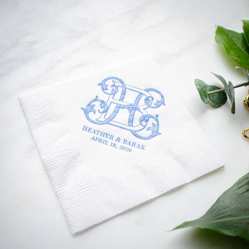 

50Pcs Personalized Wedding Cocktail Napkins | Foil Interlocking Monogram | Anniversary | Rehearsal Dinner | Party Reception Beve