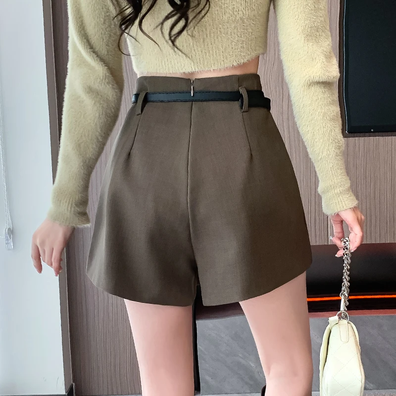 Gray Irregular Women's Skirts Shorts With Belt 2024 Fall High Waist Elegant Fashion Office Work Short Pants