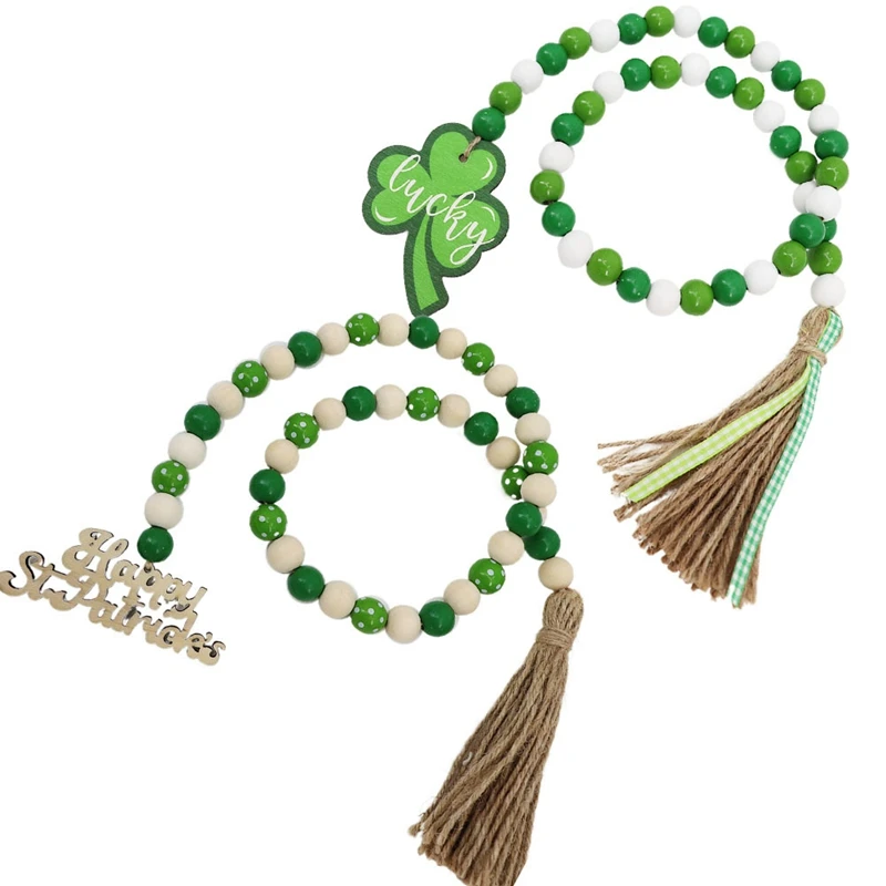 2 Pieces Saint Patrick Day Wood Bead Garland Tassel Garland Farmhouse Rustic Prayer Beads For St.Patrick Day Decor