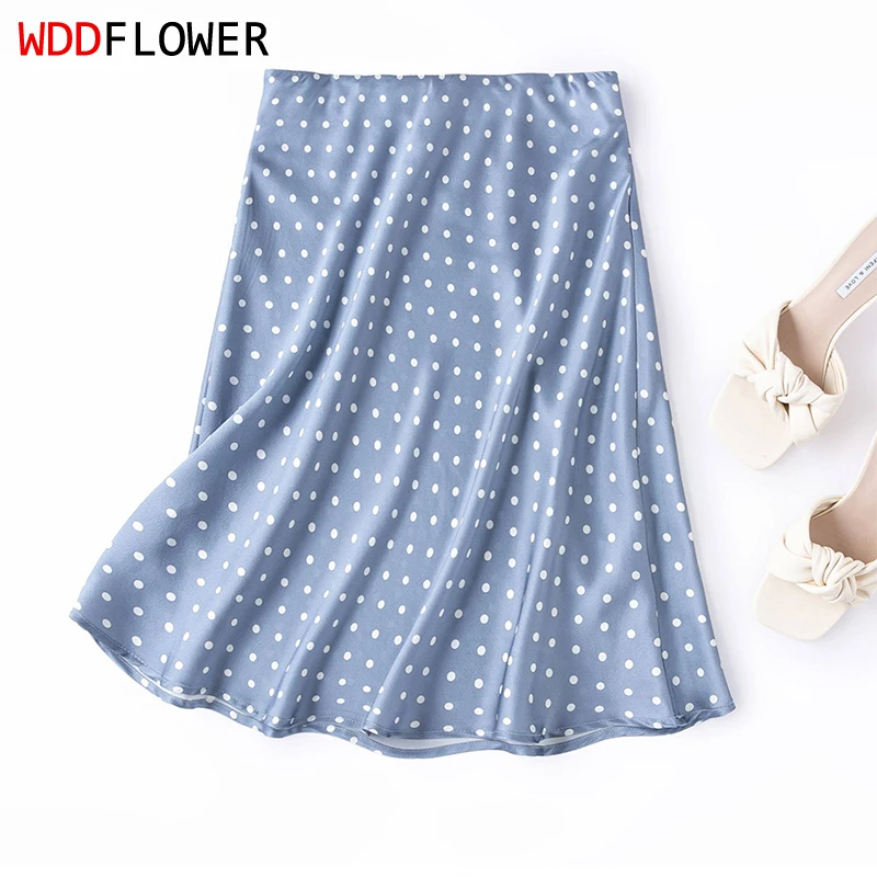 

100% Mulberry Silk 19 Momme Charmeuse Silk Sexy Women Short Skirt Light Blue Dots Printed Mini Pencil Skirt Bodycon Skirt M1633