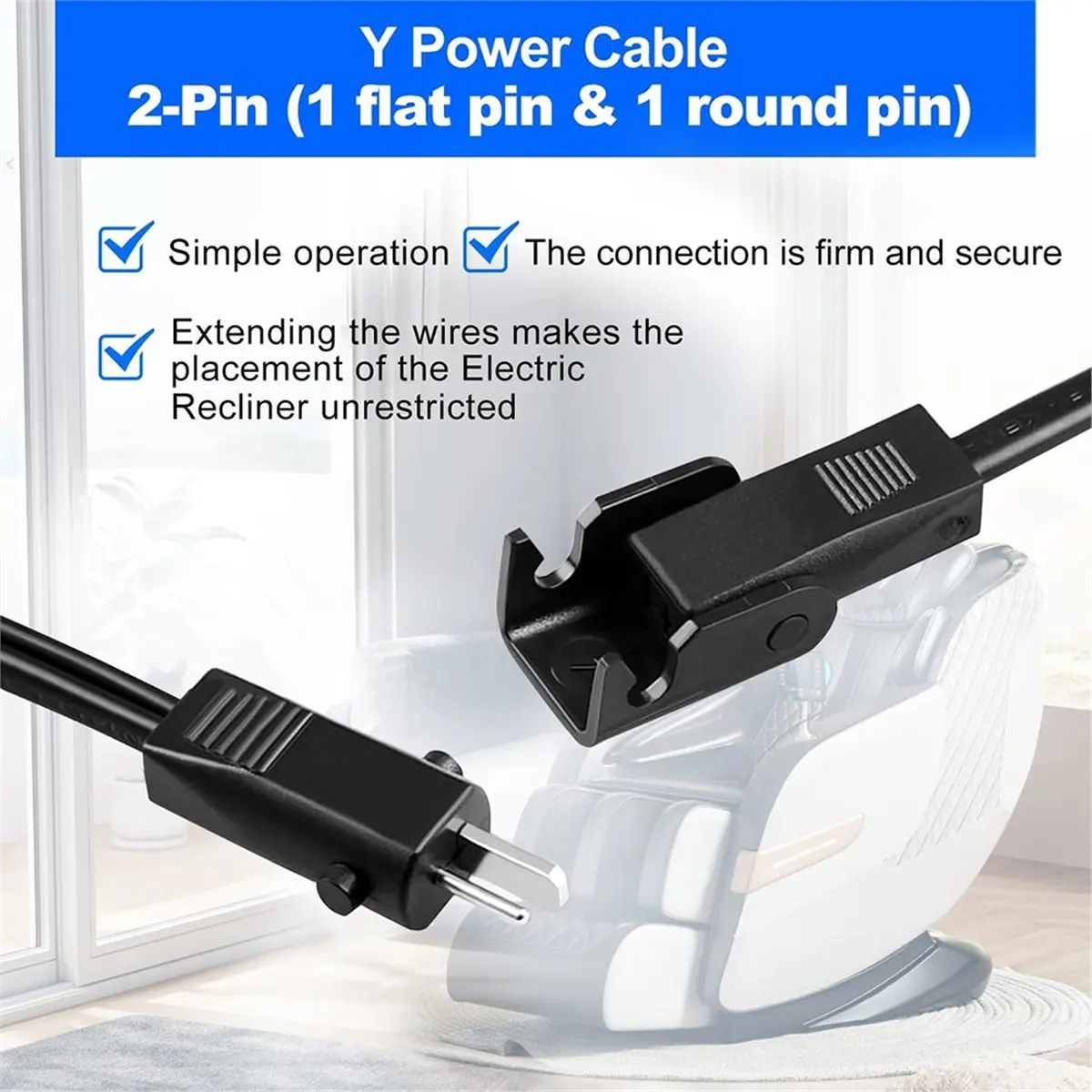 SCLS 6.6 Feet Power Cord for Recliner Chair, 2 Pin Connector Power Extension Cable for Okin,Limoss,Lazboy,Pride,
