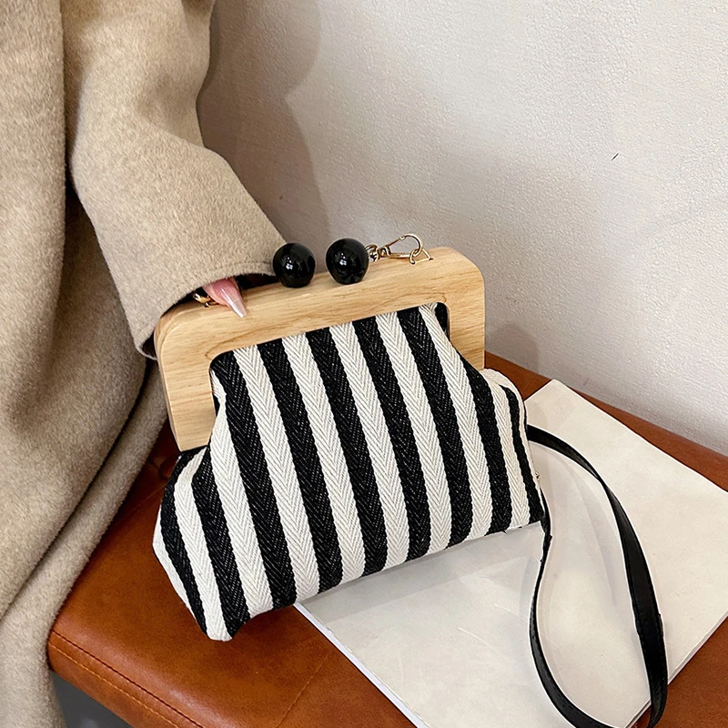 Canvas Bag Stripe Crossbody Kiss Lock Top-Handle Handbag Strap Vintage Purse Shell Evening Women Shoulder Bags