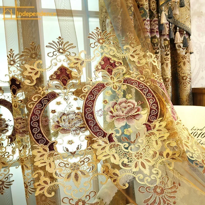 Cortinas huecas de cuero dorado de lujo, cortinas europeas de alta gama, sombreado bordado, cortinas personalizadas para sala de estar, comedor y