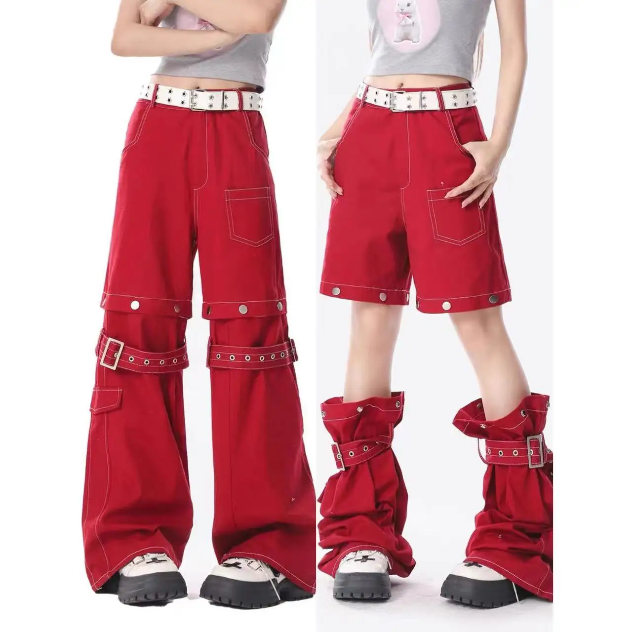 

Overall Jeans Detachable Women'S American Red New 90S Spicy Girl Y2K Design Feel Loose Wide Leg Long Floor Mopping Pants