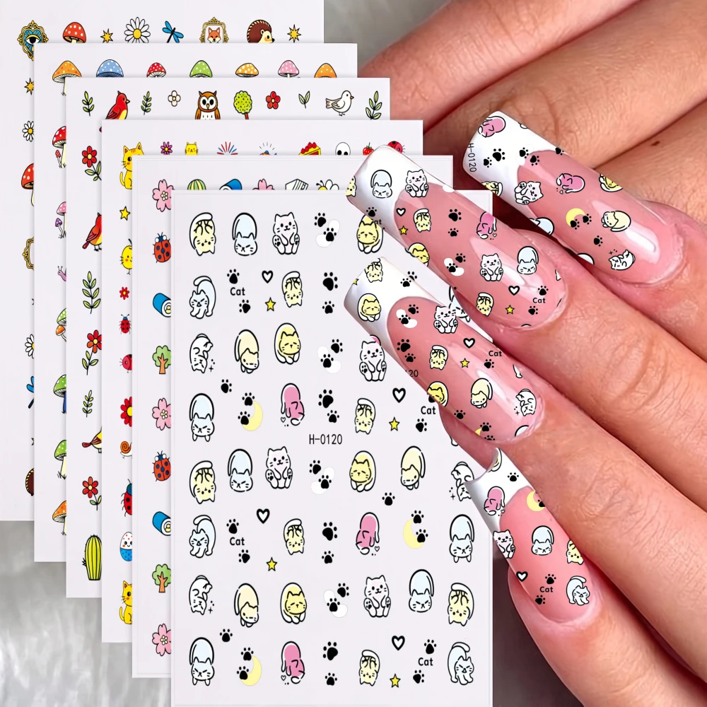 6pcs Cute Cartoon Nail Art Stickers Mushroom Cat Owl Cactus Nail Decals Waterproof for Women Girls DIY Manicure Salon Decoration