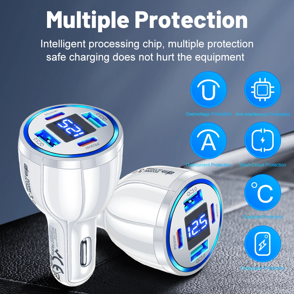 

100W 4 Port Car Charger Fast Charging USB C Car Phone Charger For iPhone 15 Samsung Xiaomi Digital Display Car Cigarette Lighter