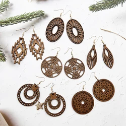 6 Pairs/set Classic Fashion Coffee Color Hollow Wood Earrings, Eardrop, Casual and Easiest for Match Wooden Ear Jewelry