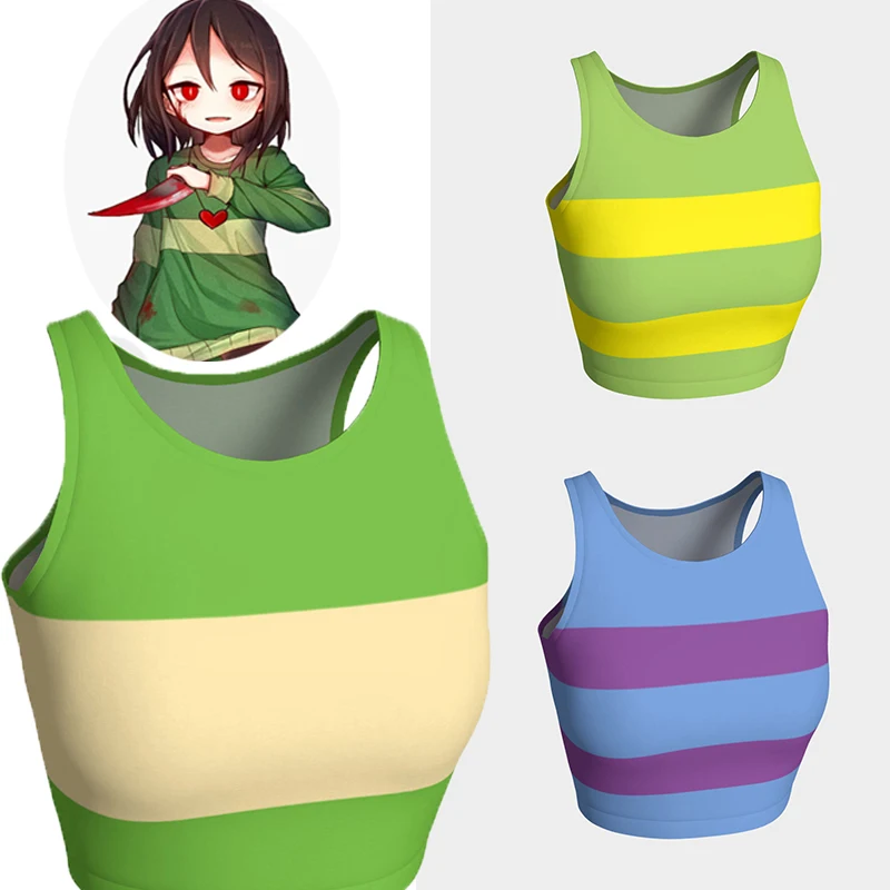 Deltarune Undertale Kris Cosplay Women Crop Vest Fashion Round Collar Sport Vest Women Clothing Green Yellow Striped Crop Tops