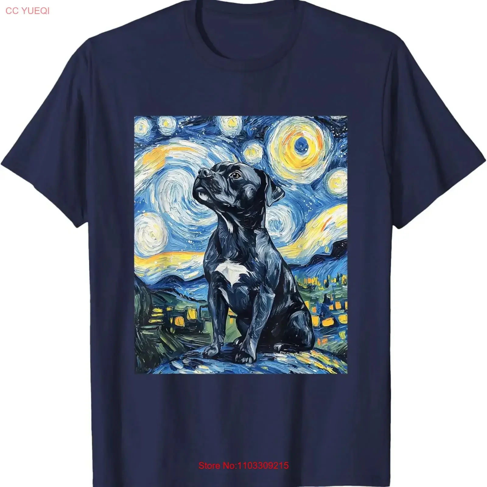 Camiseta Estilo Van Gogh Noite Estrelada para Cães Pitbull, Vintage Lavada, Top Versátil para Uso Diário, Macia e Elástica