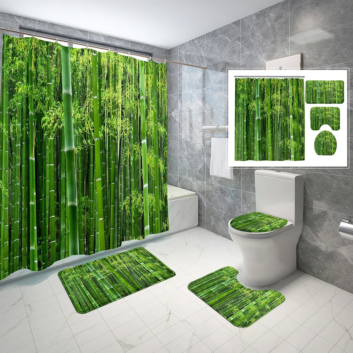 4 PCS Green Bamboo Forest Shower Curtain Set,Jungle Vision Bathroom Waterproof Bath Curtain,Non-Slip Bath Mat Toilet Cover Set