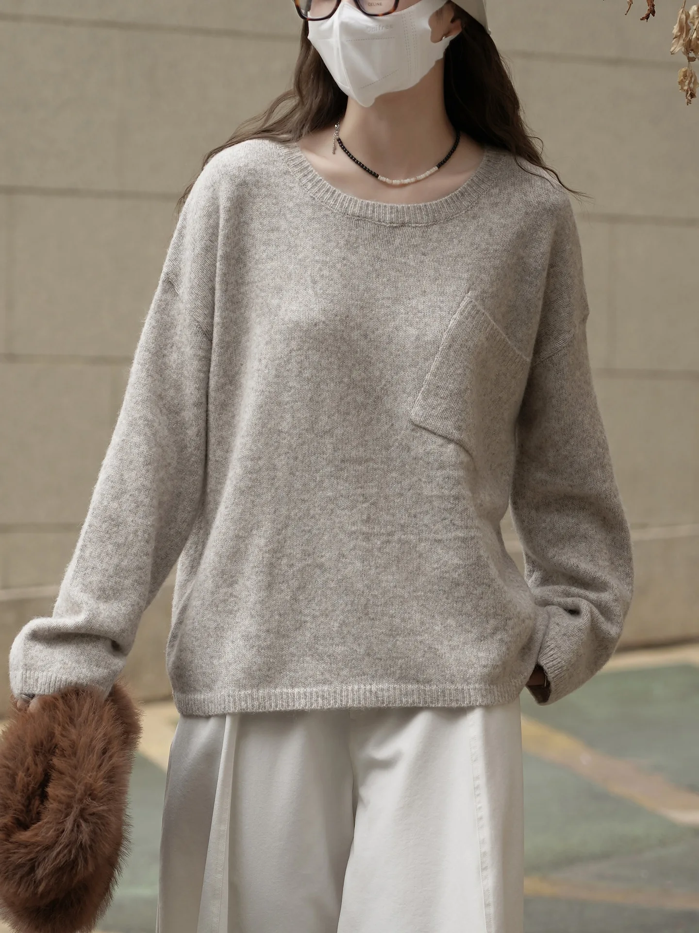 Suéter de lana corto con bolsillo de un solo lado, sencillo y perezoso, top suelto y agradable para la piel para mujer