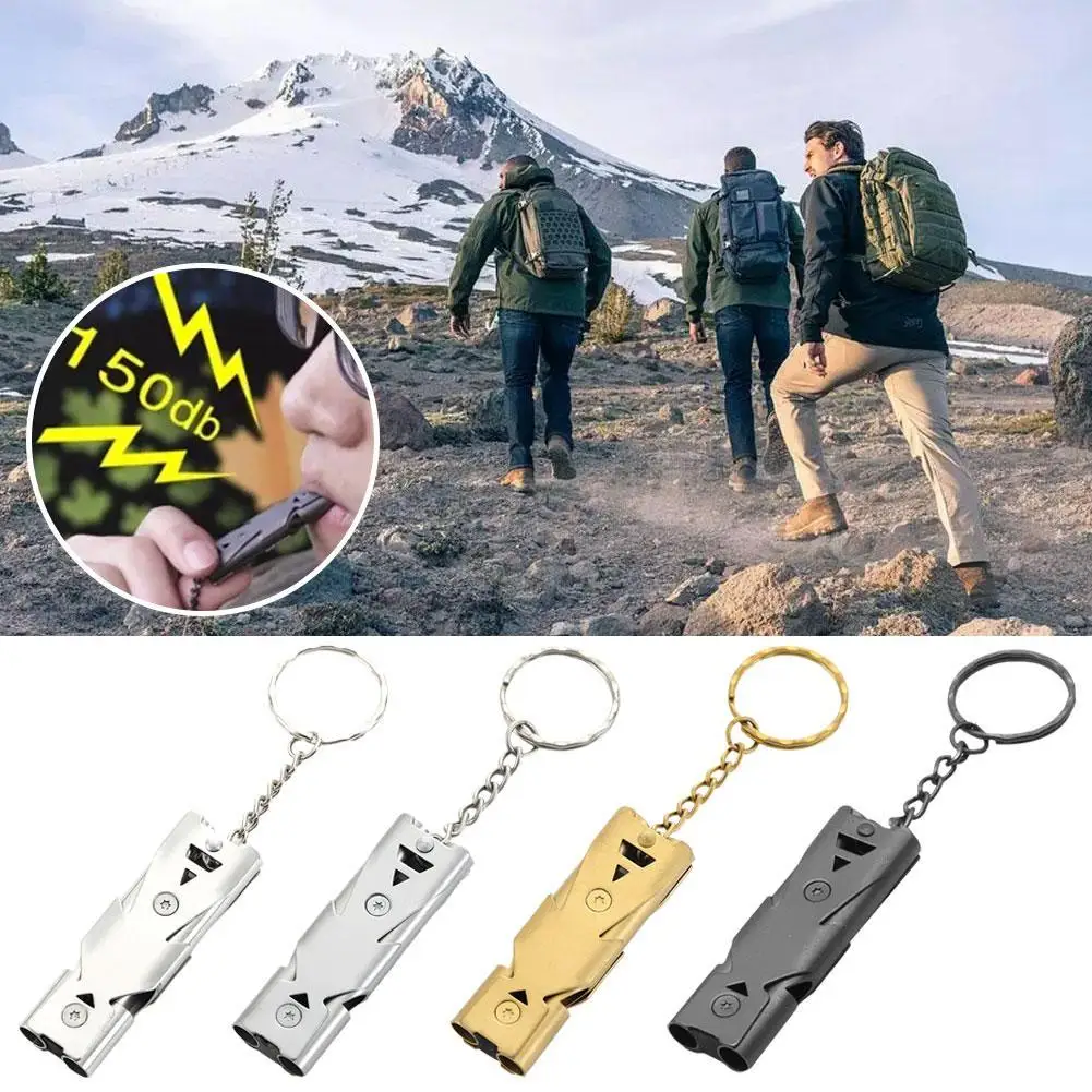 Aço inoxidável EDC Survival Whistle, Double Pipe, Cheerleading Alloy Keychain, Ferramenta de emergência, alta decibel, ao ar livre, I7d7