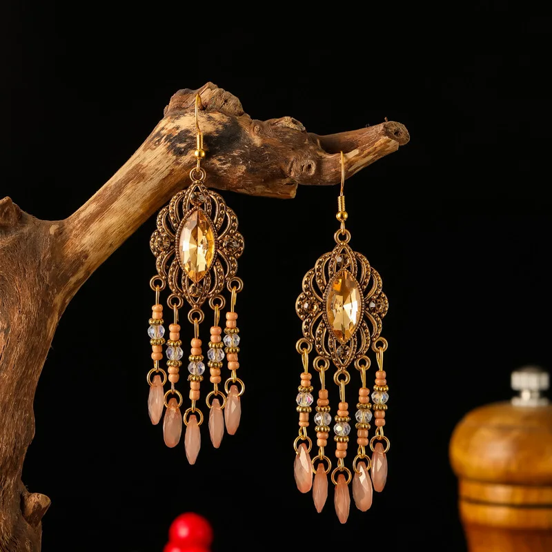 Neue Böhmische Ethnische Bunte Wasser Tropfen Quaste Ohrringe für Frauen Lange Hohl Antike Gold Farbe Baumeln Ohrring Pendientes Mujer – Detail 15