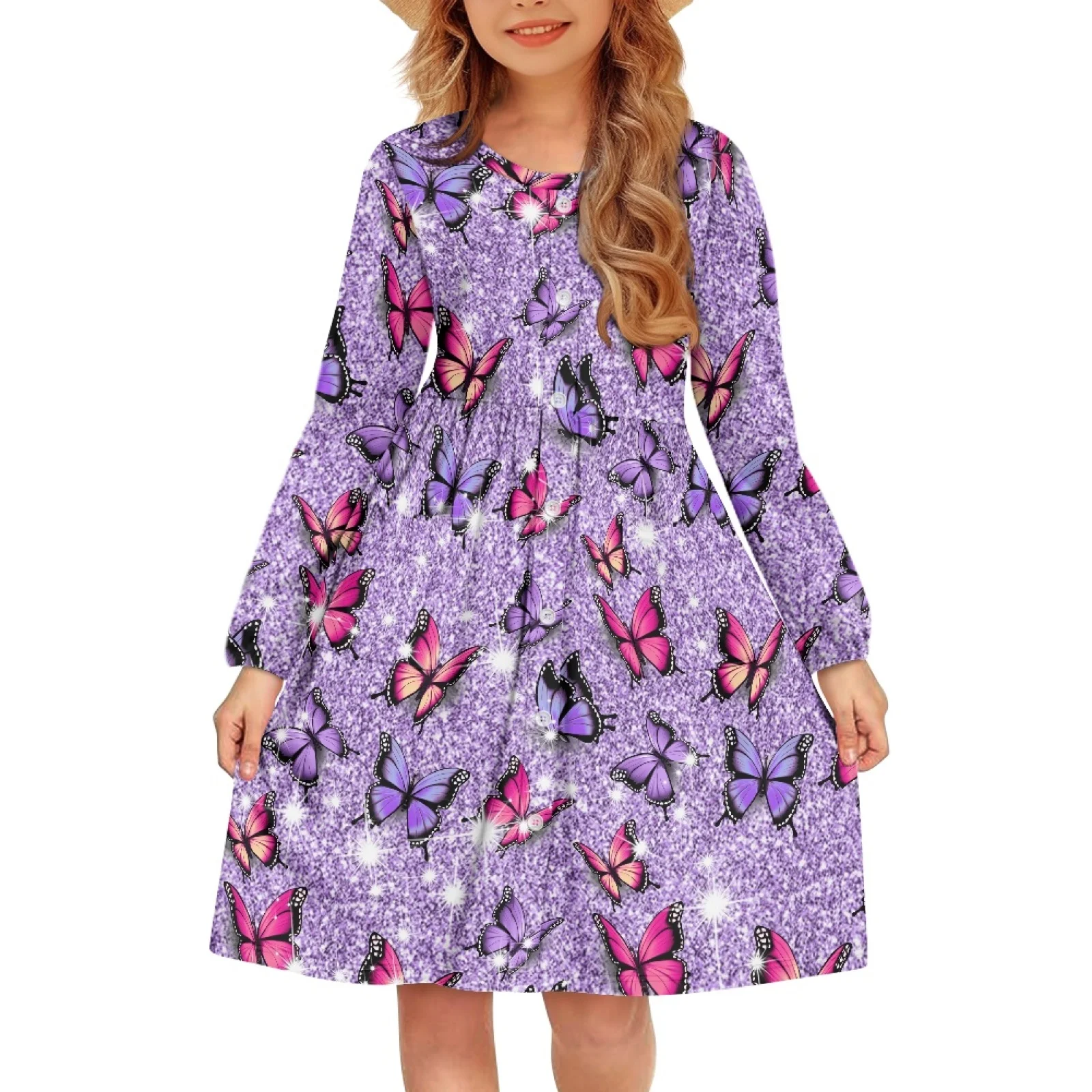 

Cartoon Butterfly Printing 120-160Size Chidren Girl Formal Maxi Dress Pockets Skirts Casual Loose Holiday Dress Long Sleeveless
