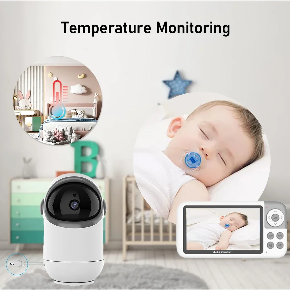 Monitor de vídeo para bebês de 5,0 polegadas, com câmera de vigilância com zoom digital de 3x, intercomunicador bidirecional, babá com visão noturna automática, babá de segurança