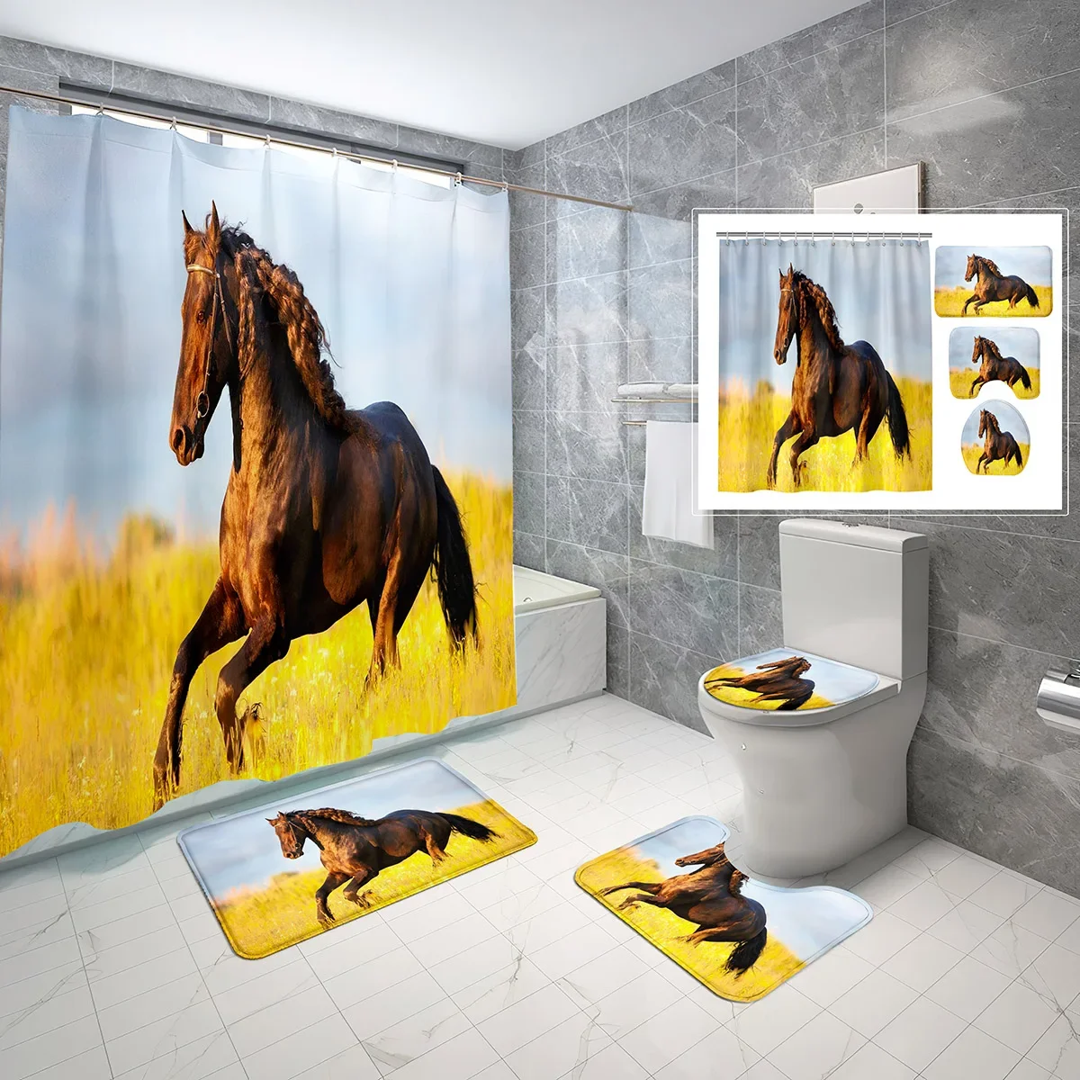 Horse Shower Curtain Set Green Grass Steed 4 Pcs Shower Curtain Bathroom Non-Slip Bath Mat Toilet Cover Shower Curtain Set