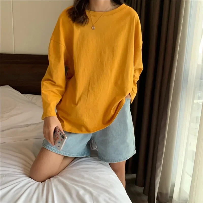 

Women Simple Solid Colors Bottoming Shirts Spring Autumn All-Match O Neck Tops Chic Sweet Girls Long Sleeve T-shirts New Tees