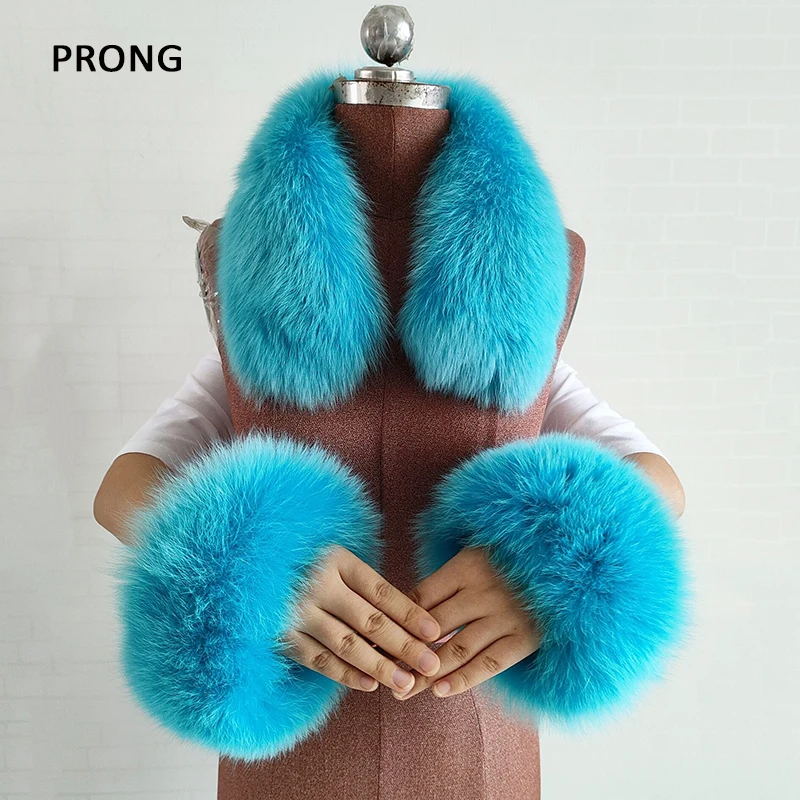 Natural Fox Fur Collar Real Fur Cuffs Set Winter Neck Warmer Fur Scarf Women Square Collar Cuff One Set Collocation Coat