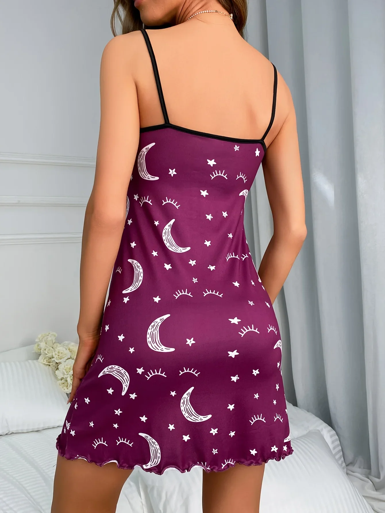 Summer Sleepwear Women\'s Nightgowns Pajamas Homewear Moon Printed Silk Casual Straps Mini Dress Sleepshirts Sexy Lingerie