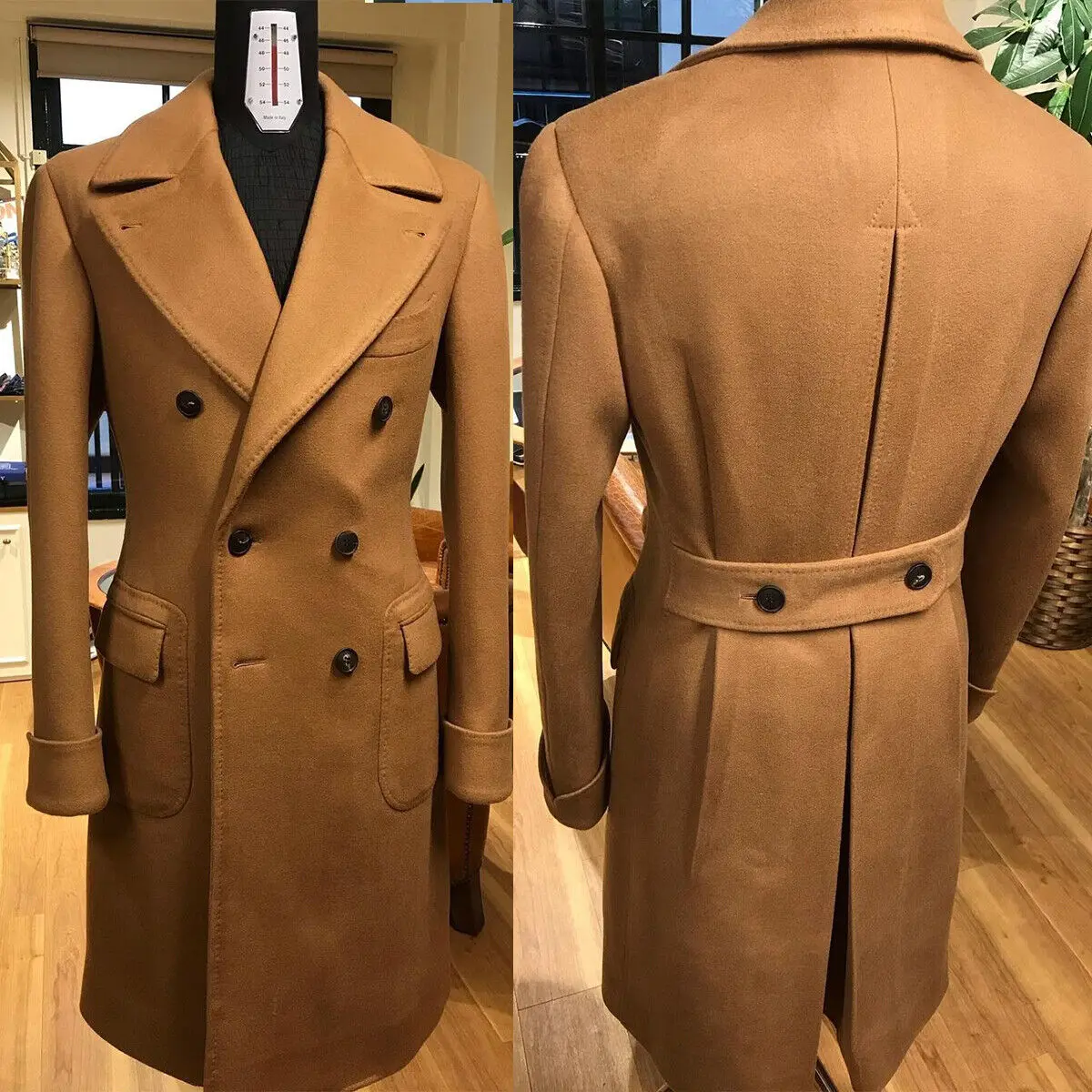 

Classic Double Breasted Woolen Overcoat Men Thick Custom Made Peaked Lapel Pocket Coat Casual Winter Warm Coat