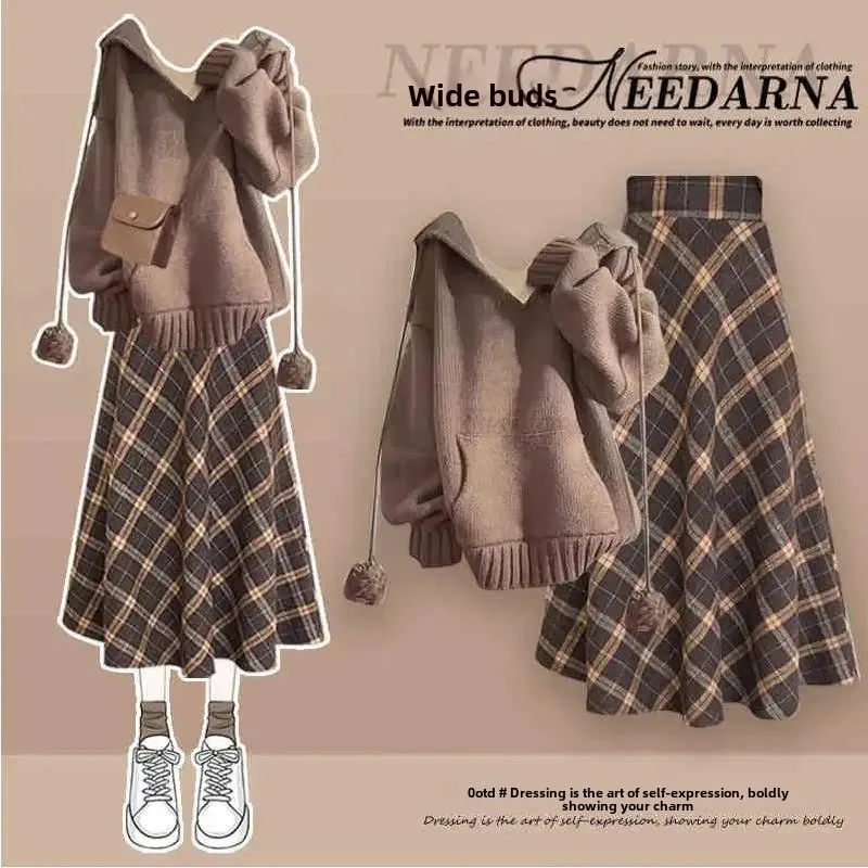 2024 New Style Loose-Fit Knit Sweater With Slimming Plaid Skirt 2-Piece Set Idle Style Matching Outfit From China