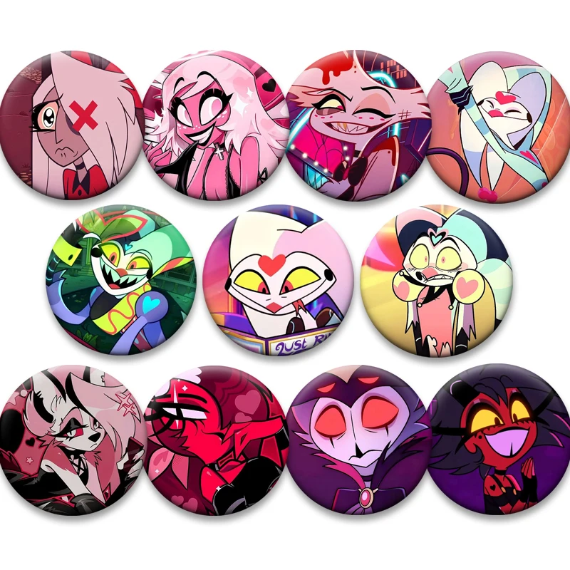 Alfileres de hojalata de Helluva Boss de animación de comedia Musical americana, broches redondos de dibujos animados, accesorios para mochila, insignia de colección de Anime
