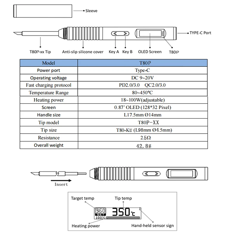 ALIENTEK T80P Elektrischer Lötkolben, 100 W, verstellbare Digitalanzeige, automatischer Schlaf, BGA, Präzisions-Lötkolben-Reparaturwerkzeug