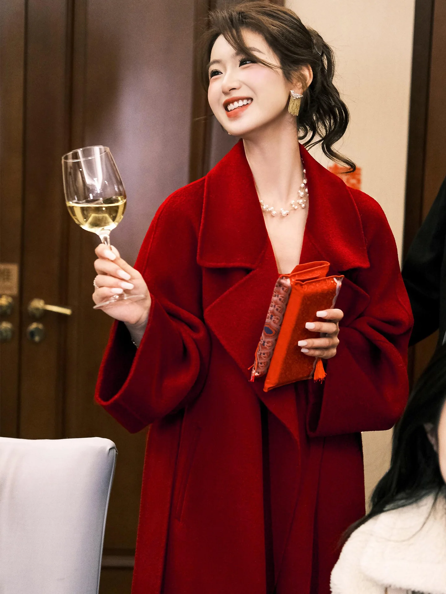 Abrigo de lana de doble cara color granate para mujer, de longitud media, estilo coreano, holgado, para vestido de novia, ropa de abrigo de lana para Año Nuevo, para ir al trabajo.