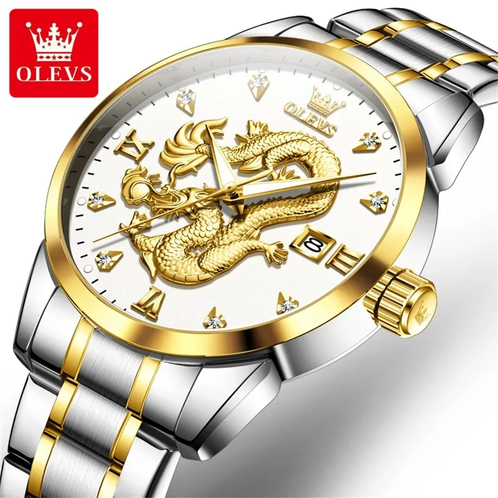 OLEVS 3619 Original Top Brand Quartz Man Watch New Dragon Watches For Men Stainless Steel Waterproof Auto Date Wristwatch Clock