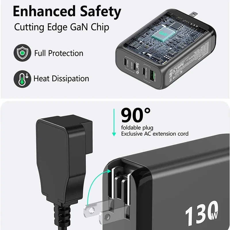 130W USB C GaN Wall Charger 4 Port PD 100W PPS 45W Super Fast Charging Station Type-C Laptop QC Power Adapter AC Cable