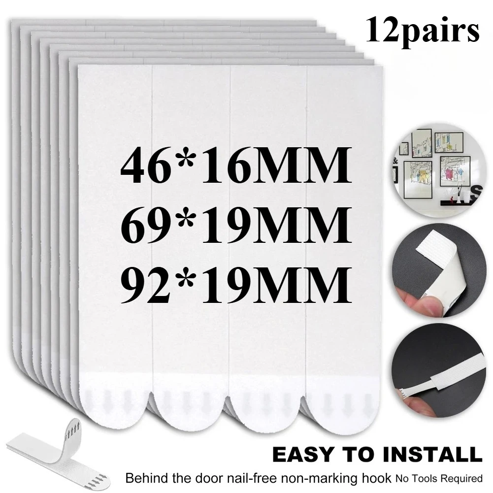 12Pairs Punch-free Frame Tape Strips Assorted Mounting Self Adhesive Picture Frame Fixed Poster Wall Hook Fixing Wall Hanger