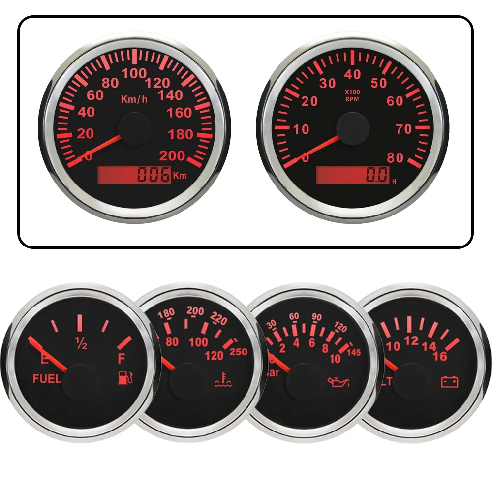 Car Boat 85mm GPS Speedometer 0-8000RPM Tachometer + 52mm Water Temp Oil Pressure Fuel Level Meter Voltmeter with Red Backlight