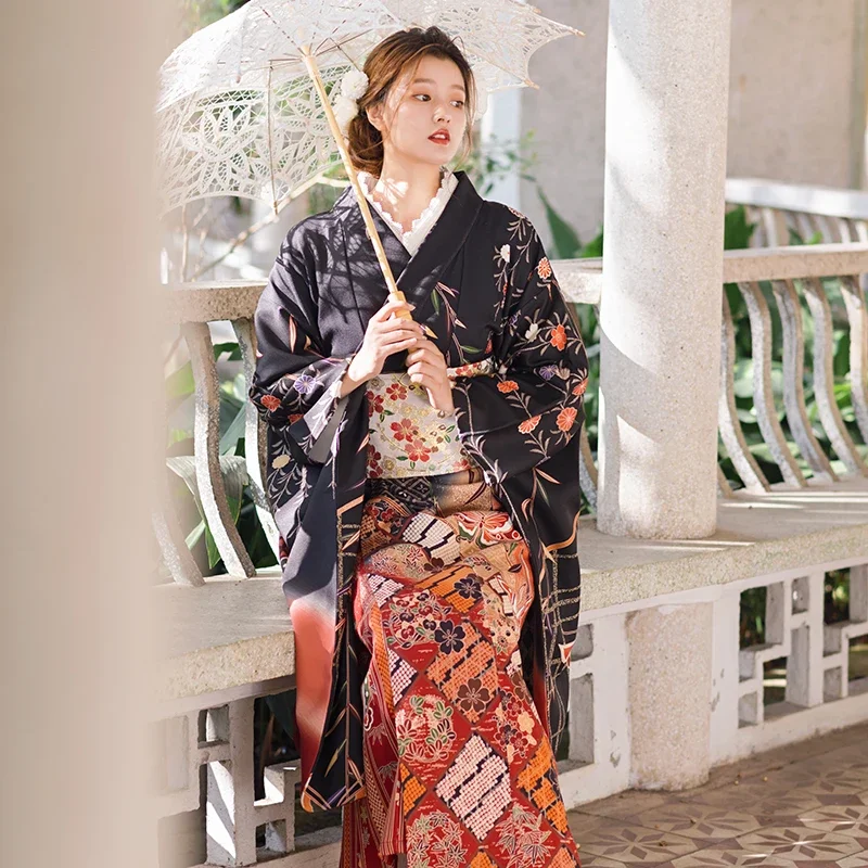 Women's Japanese Furisode Kimono Classic Beautiful Butterfly Prints Yukata Cosplay Costume Traditional Performing Dress
