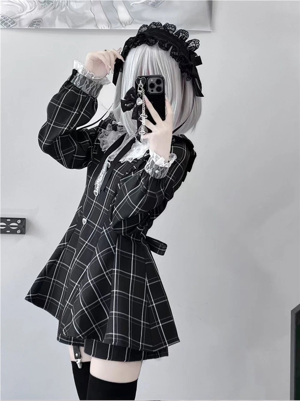 Womens Lolita Kawaii Sweet Lace Patchwork Plaid Dress Fairy Grunge Ruffled Long Sleeve Dresses Y2k Aesthetic Lolita Vestidos