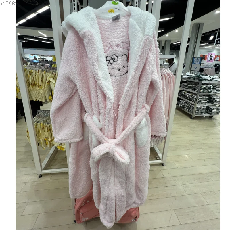 Sanrio Hello Kitty Women Winter Coral Velvet Nightgown New Cute Cartoon Thick Hooded Sleeprobe Warm Korean Style Home Night-robe