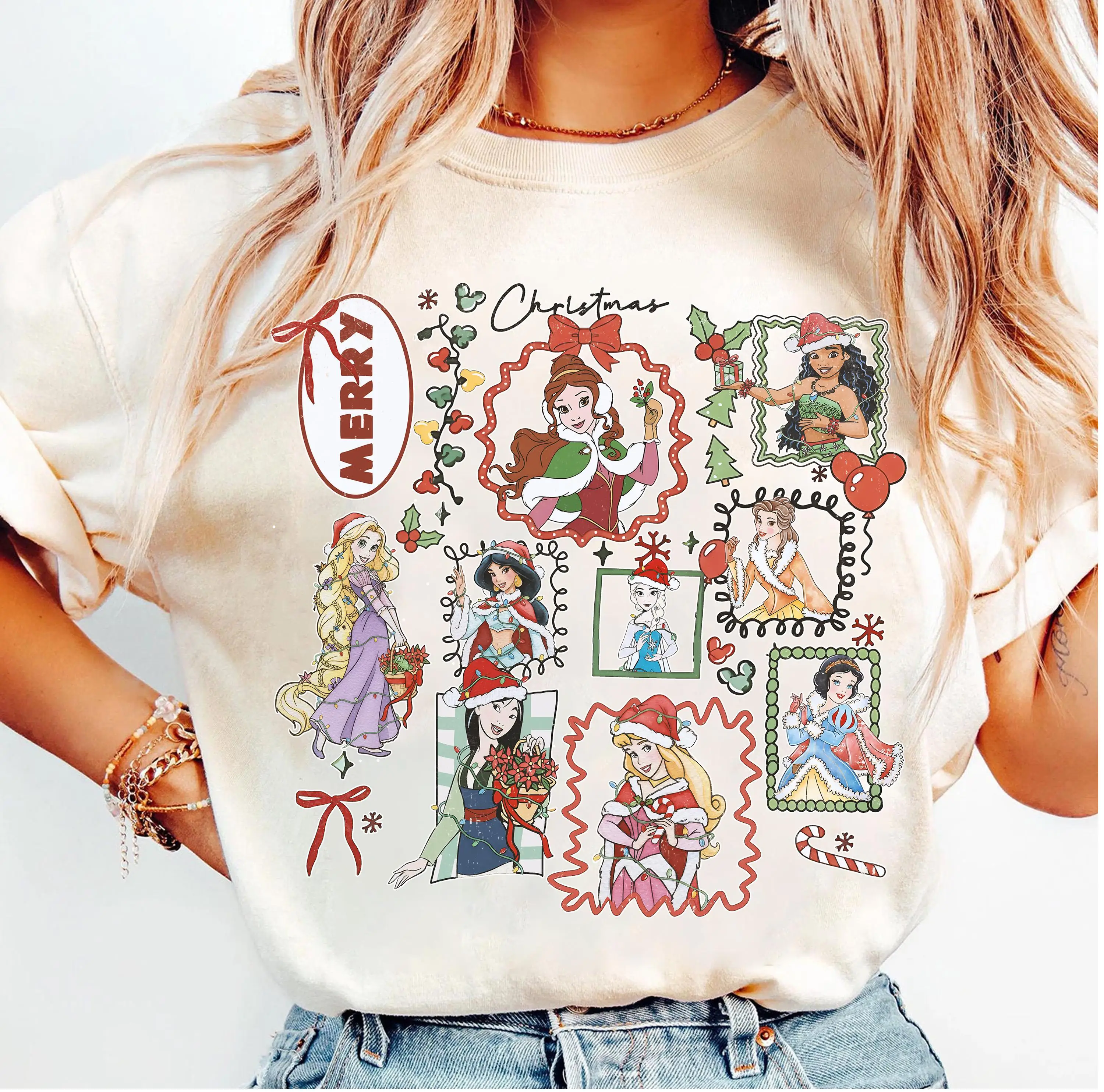 

Футболка с рождественским кокеткой и бантом принцессы Диснея, рубашка с рождественскими огнями и замком принцессы Диснея, Ариэль Белль Мулан, Белоснежка