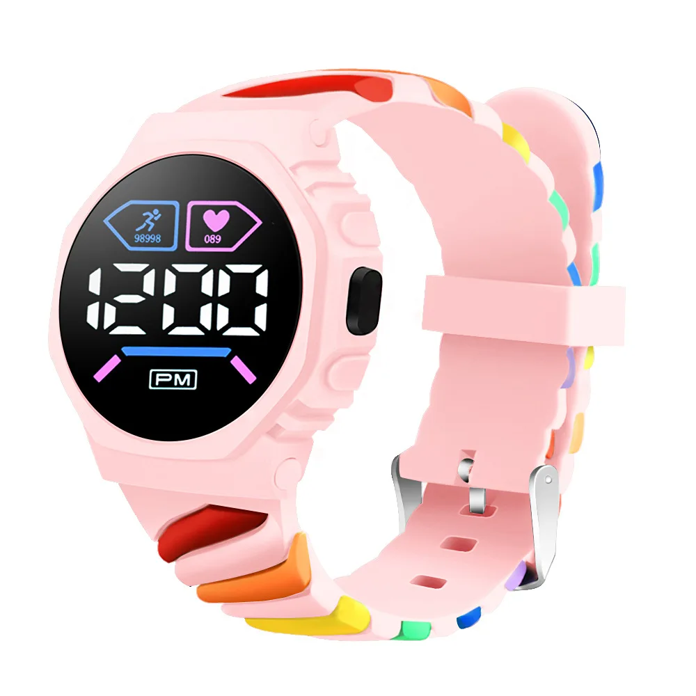 YIKAZE Jam Tangan Anak Jam Tangan Elektronik LED untuk Anak Laki-laki Perempuan Jam Tangan Digital Anak Ibu Olahraga Tali Silikon Pelangi Kedap Air