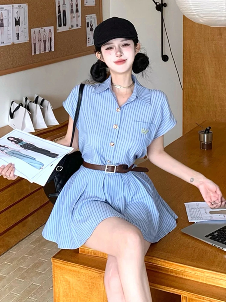 Roupas femininas casual doce solto mini camisa vestido senhora bonito coreano cinto balanço vestido plissado feminino rua diário wear vestido femme