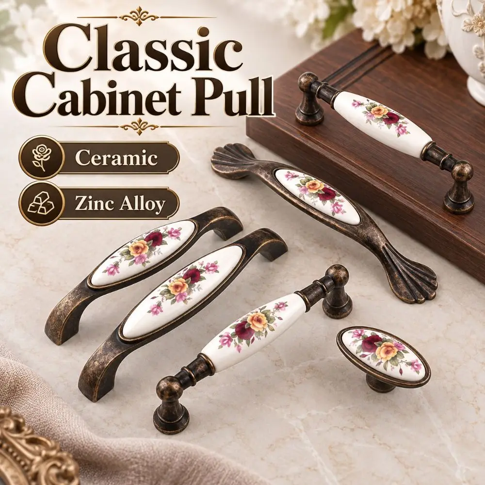 Zinc Alloy Ceramic Cabinet Pull Floral Pattern Smooth Antique Bronze Drawer Handle Retro Durable Vintage Furniture Knob
