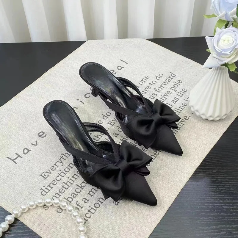 2024 Luxury Pink Black White Mules Lady Brand High Heel Pointed Toe Sparkling Sandal Bow Thin and Sexy Slippers