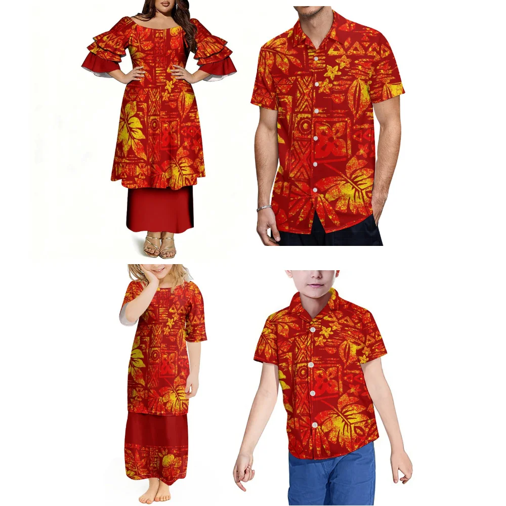 Conjunto Familiar de Verano Estilo Islas del Pacífico Samoa, Vestido Puletasi para Mujer, Camisa Hawaiana para Hombre, Ropa con Estampado Floral para Festivales y Fiestas