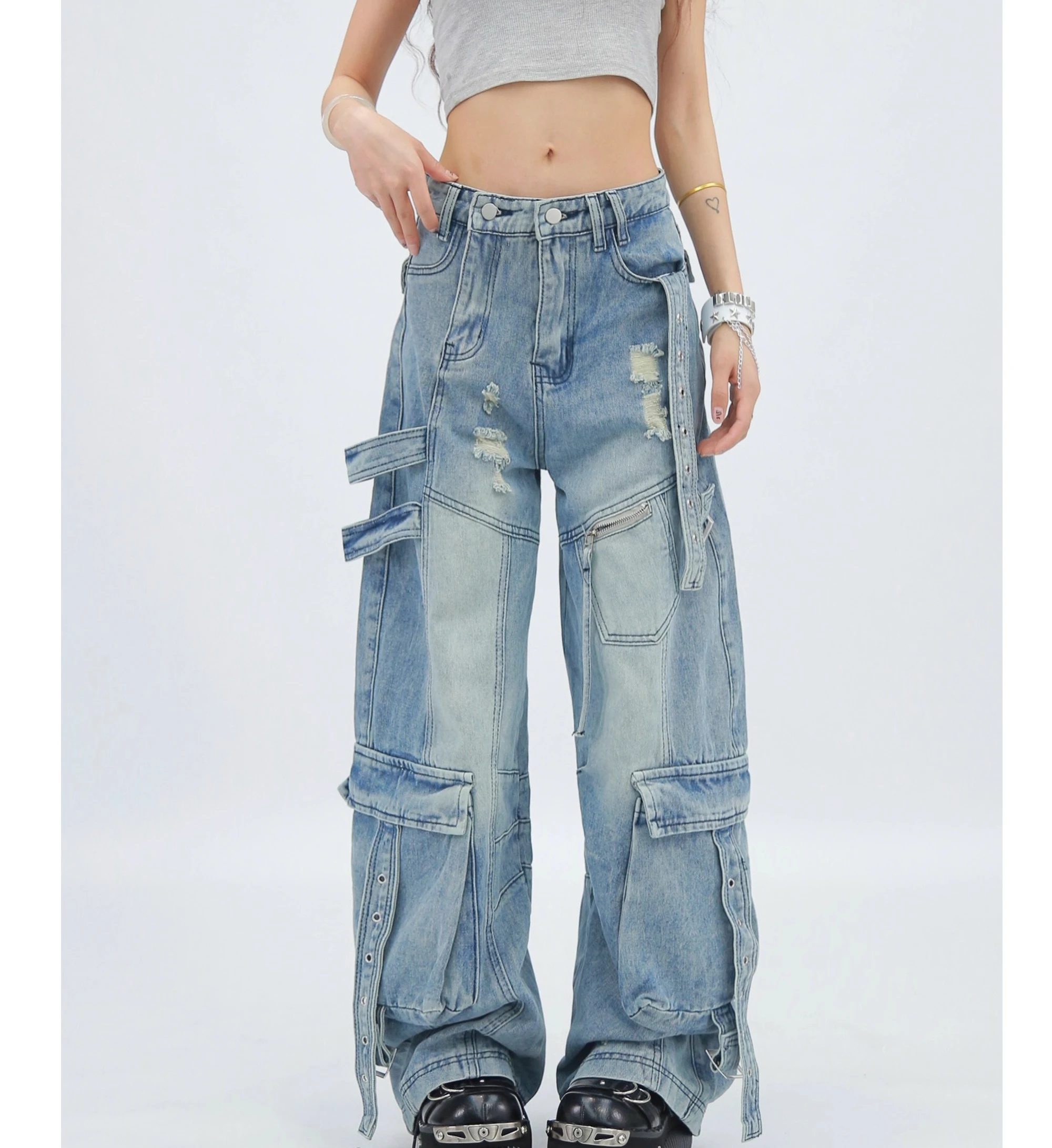 American Retro Double Placket Loose Wide-leg Lace-up Floor-mopping Jeans Summer New Girl Versatile Leisure Age-reducing Trousers