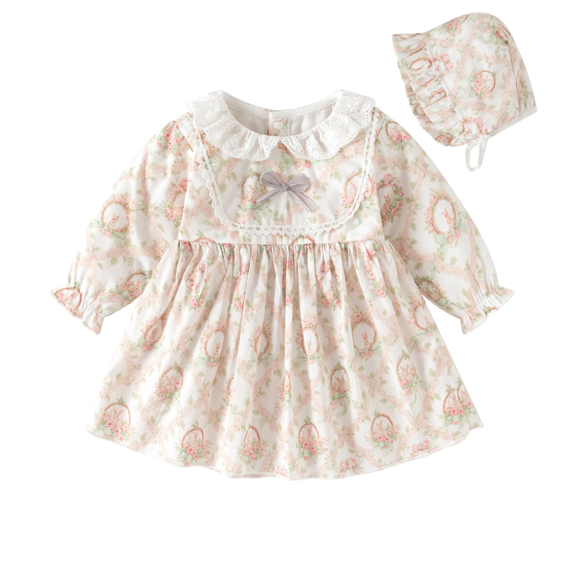 Cartoon Print Baby Girls Dress Long Sleeved Bow Flowers Princess Dresses for Spring Autumn Clothes
