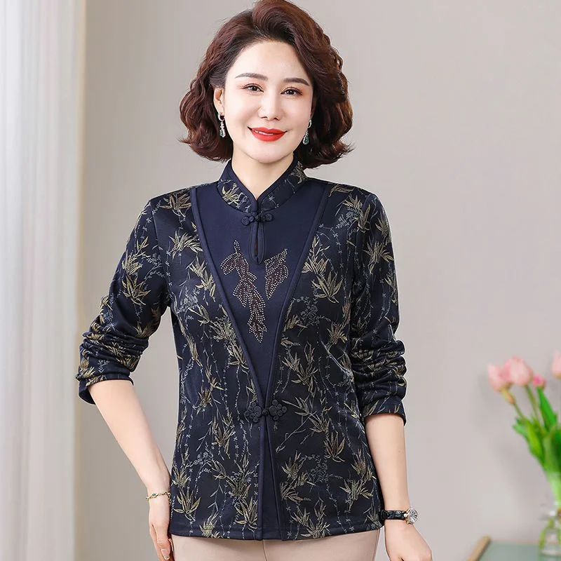 Mom Chinese Frog Button Long Sleeve Tunic Top Elegant Bamboo Print Elderly Women Spring Blouse