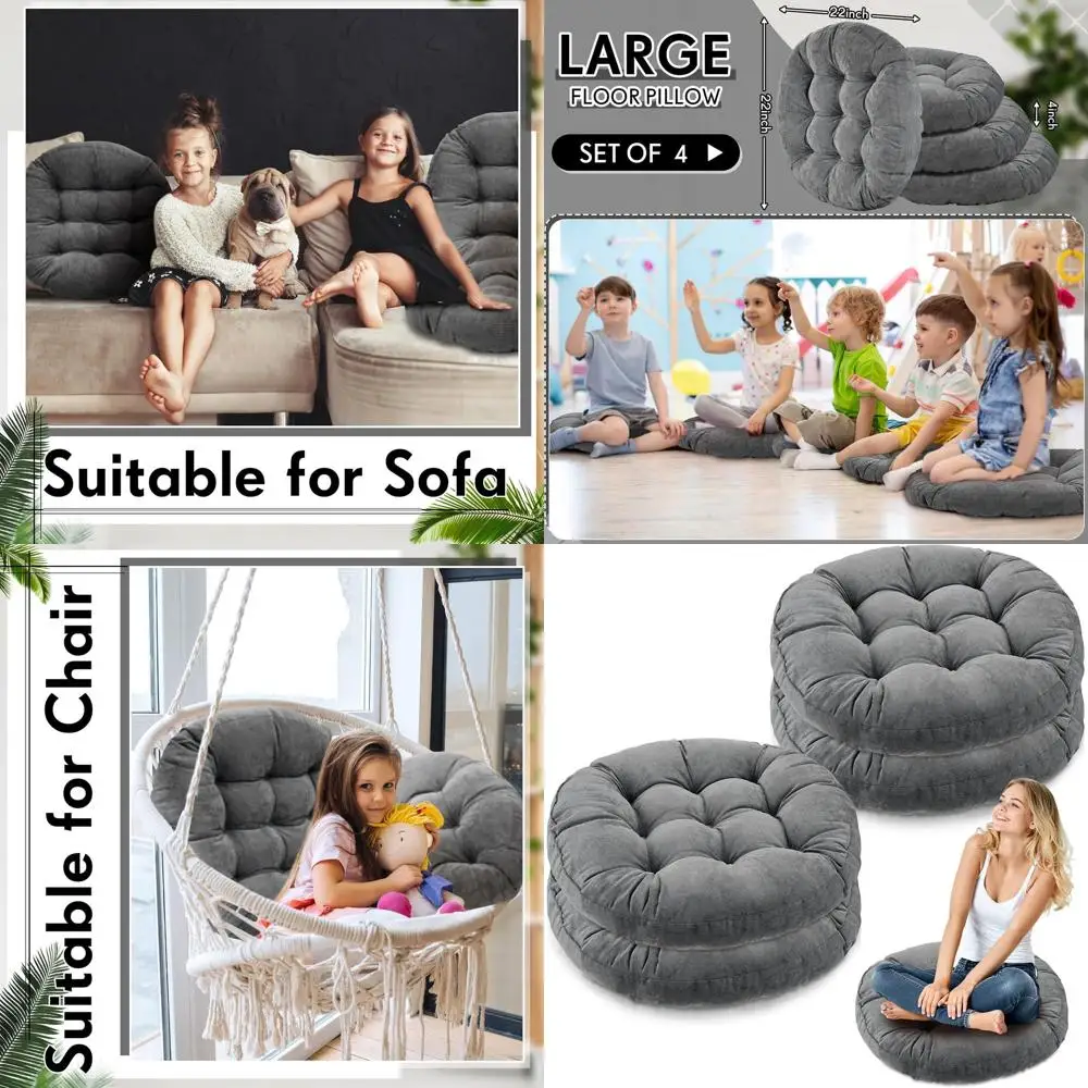 

22 Large Round Floor Pillows, Dark Grey, Set of 4 for Meditation, Picnics, and Seating