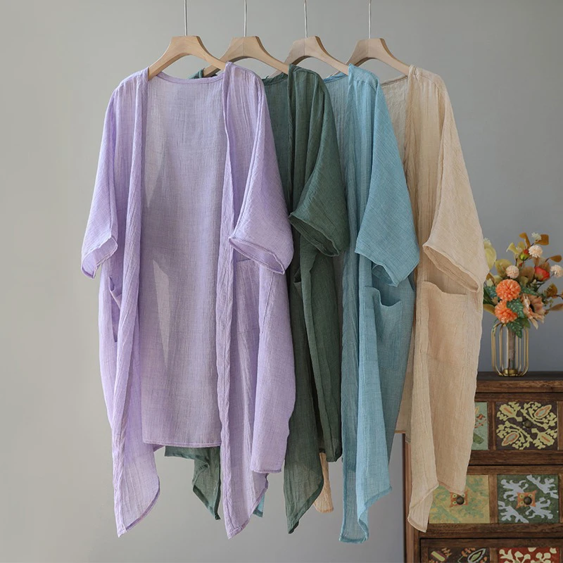 

Легкий дышащий хлопковый льняной цветной солнцезащитный женский кардиган оверсайз в сложенном виде све, нерегулярный открытый кардиган S...