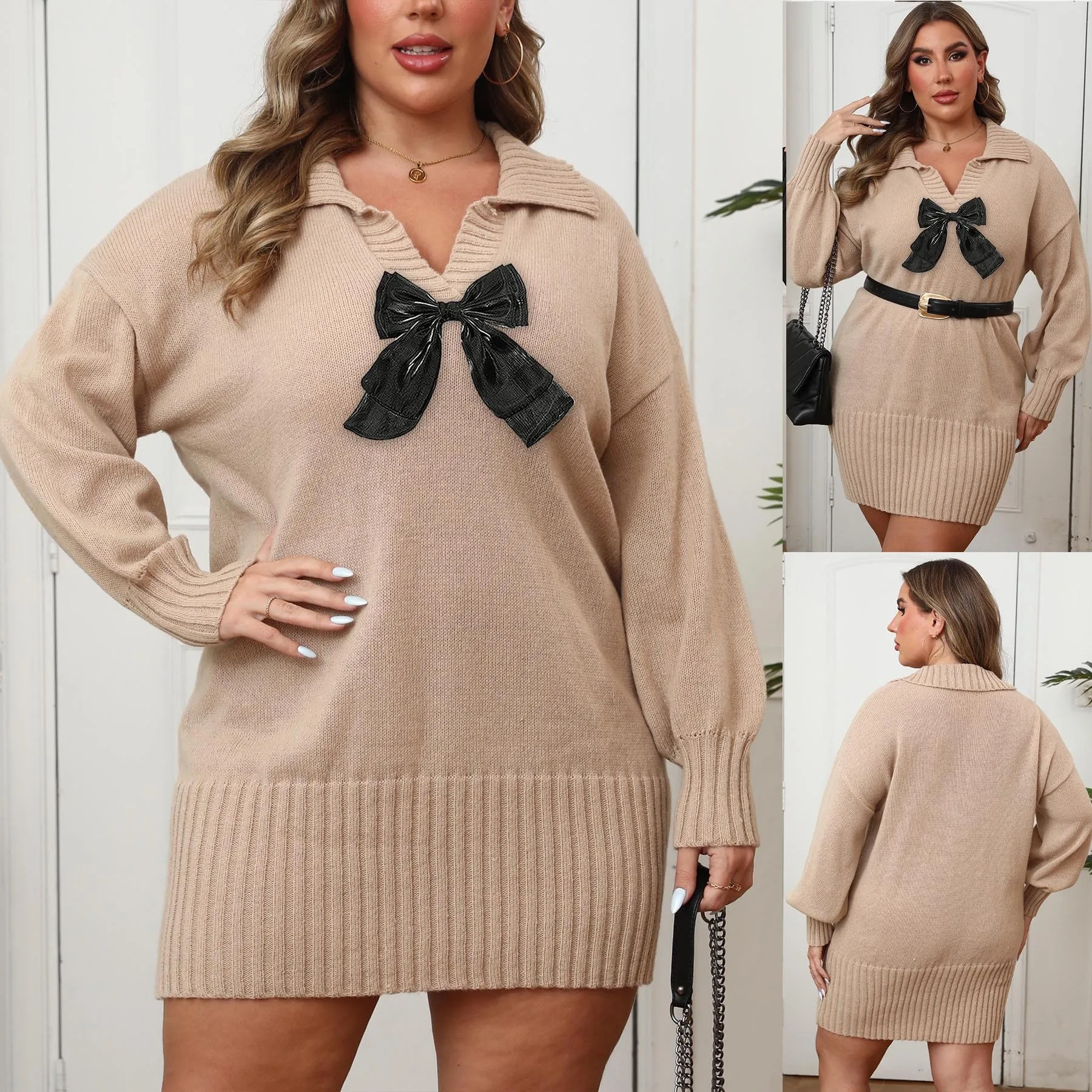 

Autumn Winter Collar Wrap Dr Silk Ribbon Knot Splice Sweater Dr Street Sle V-ne Other Material 00